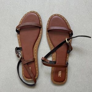 Zara Brown Leather Stud-Trim Flat Sandals